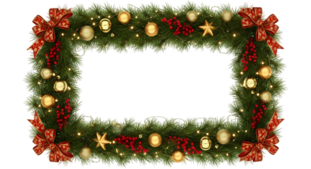 Rectangular Winter Frame with Golden Ornaments Red Ribbons Berries Pine Garland Lights