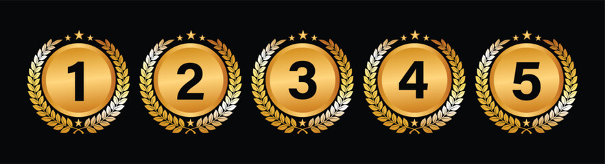 Set of Golden Number Award on Podium Stage. Number Ranking 1 2 3 4 5. Vector Illustration Isolated on White Background. Award, podium ,trophy, badge, emblem, label, vector.