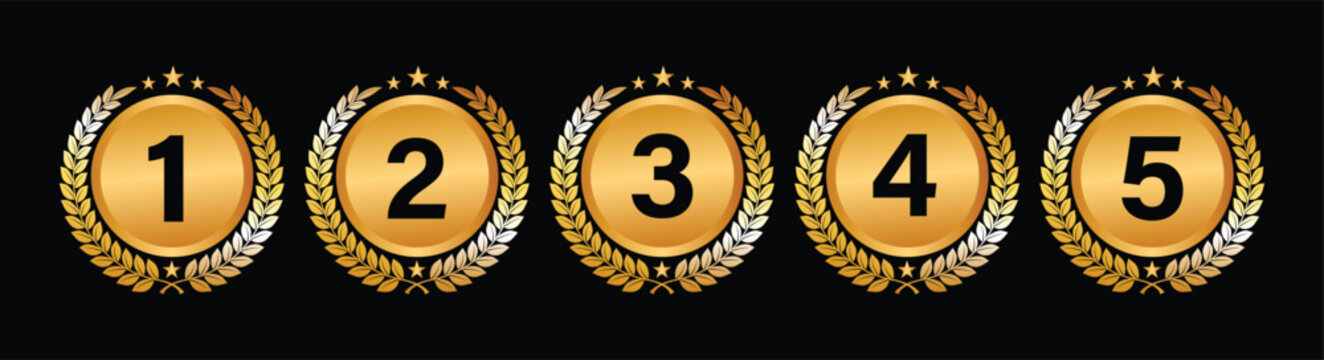 Set of Golden Number Award on Podium Stage. Number Ranking 1 2 3 4 5. Vector Illustration Isolated on White Background. Award, podium ,trophy, badge, emblem, label, vector.