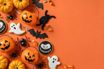 Halloween Flat Lay with Pumpkin Buckets, Ghost Cookies, Bats, and Festive Decorations