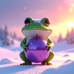 Frog with Christmas Ornament: A cute green frog, with a sweet expression, embraces a shiny purple Christmas ornament amid a snowy winter scene, conjuring up the holiday spirit.