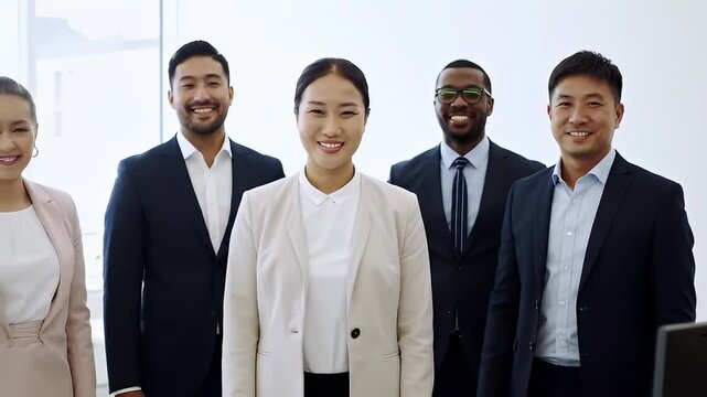 Diverse Business Team Smiling Confidently in Bright Modern Office Space