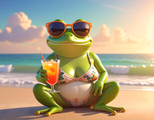 Frog Relaxing at the Beach: A cheerful frog in sunglasses and swimwear is enjoying a tropical cocktail, relaxing in the sun, capturing a carefree summer moment.