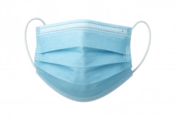 Blue surgical face mask providing protection against respiratory droplets, dust, and airborne pathogens, on a transparent background