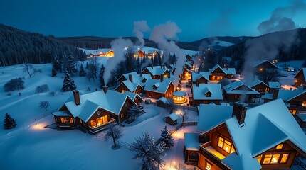Aerial view of a charming village nestled in the snowcovered mountains at night