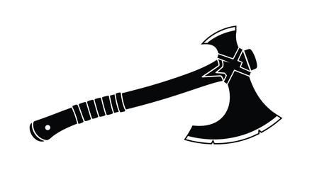A detailed black silhouette of a battle axe with a textured handle and sharp blades on a white background