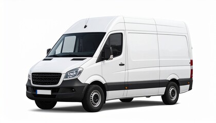 High-roof white cargo van with black trim and extended body, designed for maximum utility in commercial transport.
