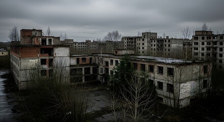 Fototapeta premium A desolate, overcast view of decaying apartment buildings, surrounded by barren trees, showcasing the haunting beauty of abandonment.