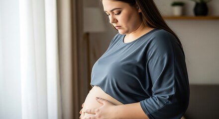 A pregnant woman cradles her belly, looking down thoughtfully