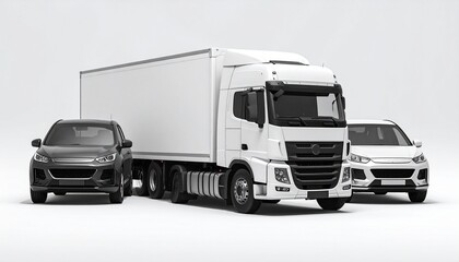 Naklejka premium White semi-truck centered among smaller cars, highlighting scale, hierarchy, and the diversity of modern transport.
