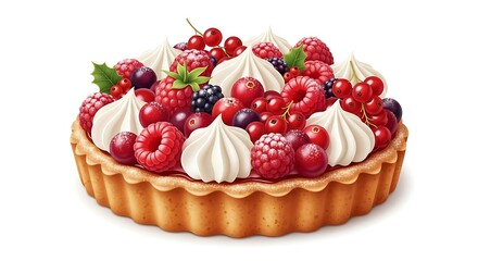 A realistic cartoon Christmas tart with berries and cream, detailed textures, vivid red and white tones, isolated on white background.