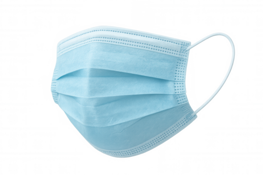 Blue disposable medical face mask offering protection against illness and airborne particles, transparent background