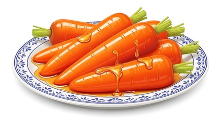 A realistic cartoon glazed carrots in a decorative dish, shiny honey coating, detailed textures, vivid colors, isolated on white background.