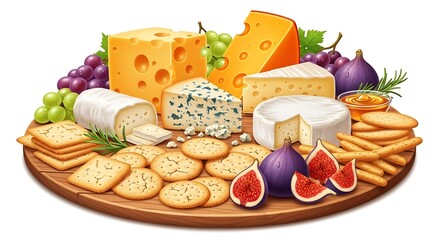 A realistic cartoon cheese platter with different types of cheeses, crackers, grapes, and figs, vivid colors, highly detailed textures, white background.