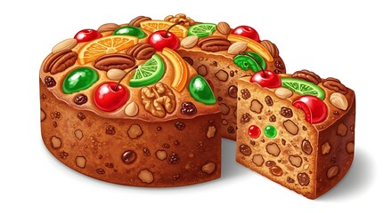 A realistic cartoon fruitcake with nuts and candied fruits, sliced to show interior, rich textures, vivid holiday colors, isolated on white.