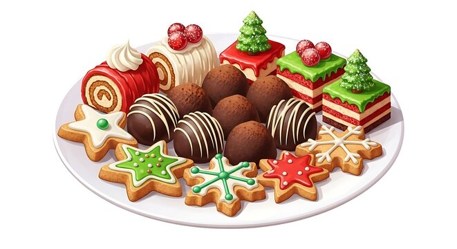A realistic cartoon plate of assorted Christmas desserts &mdash; cookies, mini cakes, and chocolate truffles &mdash; vivid colors, detailed textures, isolated on white.