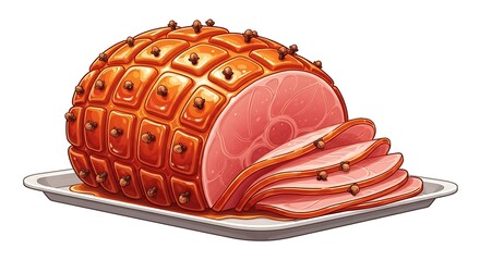 A realistic cartoon glazed ham with honey and cloves, beautifully sliced on a serving tray, vivid colors, rich textures, isolated on white.