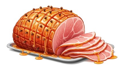A realistic cartoon glazed ham with honey and cloves, beautifully sliced on a serving tray, vivid colors, rich textures, isolated on white.
