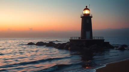 Illuminated lighthouse stands tall against the colorful sunset sky on the coast