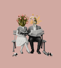 Surreal Collage Couple with Flower Heads on Bench &mdash; Retro Vintage Aesthetic, Romantic Conceptual Art

