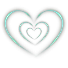 Green luminous heart with neon light trail and reflection. Abstract glowing frame isolated on transparent background for romantic digital projects.