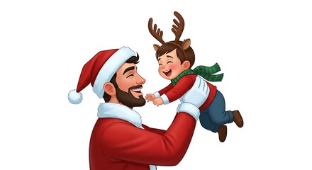 A realistic cartoon man lifting a small child wearing reindeer antlers, both laughing, joyful holiday scene, vivid colors, pure white background.