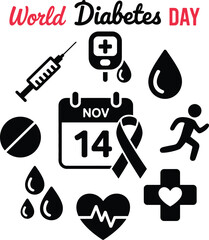 World diabetes day awareness icons heartbeat blood drop syringe calendar medical symbols awareness day