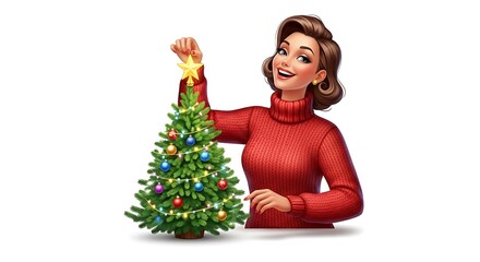 A realistic cartoon woman in a red knitted sweater, placing a star on top of a small Christmas tree, joyful expression, detailed textures, vivid colors, isolated on white.