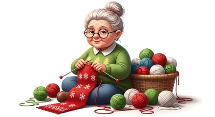 A realistic cartoon grandmother knitting a red Christmas scarf, surrounded by soft yarn balls, calm and happy expression, detailed textures, vivid colors, white background.