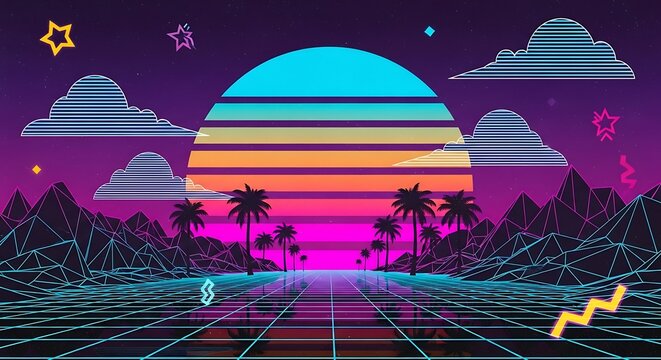 A vibrant, retro-futuristic landscape showcases a neon-lit, gridded pathway, featuring palm trees, a stylized sun, and stylized clouds, evoking a nostalgic 80s aesthetic.