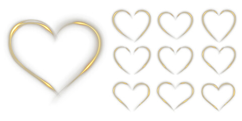 Golden glowing heart with sparkling light and glitter flashes. Elegant luminous gold frame isolated on transparent background for wedding, Valentine, or romantic design projects.