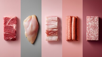 Different types of meat displayed on colorful backgrounds in a food presentation