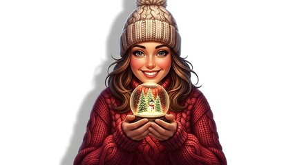 A realistic cartoon woman wearing a cozy knitted sweater and hat, holding a snow globe, detailed lighting and vivid tones, isolated on white.