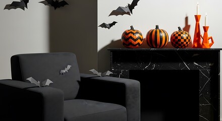 Cozy Halloween Decor Modern Armchair with Pumpkins, Bats, and Orange Accents