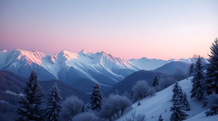 Snowy mountain range at sunrise with pink sky and evergreen trees below