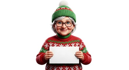 A realistic cartoon elderly woman with glasses and warm Christmas clothes, holding a blank sign with both hands, joyful and kind expression, rich fabric textures, vivid enhanced red and green tones, w