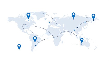 A stylized world map illustration featuring interconnected blue location markers linked by dashed lines, suggesting travel or global connections