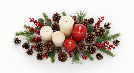 Set of Christmas candles, pinecones, and berries arranged neatly, white background.