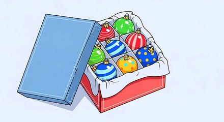 Ornament box with shiny glass baubles inside, open lid, clean cartoon design.