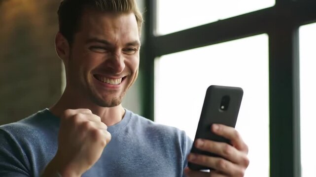 Triumphant Man Celebrates a Huge Success or Online Win with an Ecstatic Fist Pump and Shout.