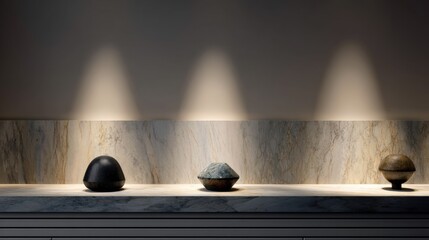 Wooden shelf with three objects on it. the shelf is made of a light-colored wood with a textured surface.