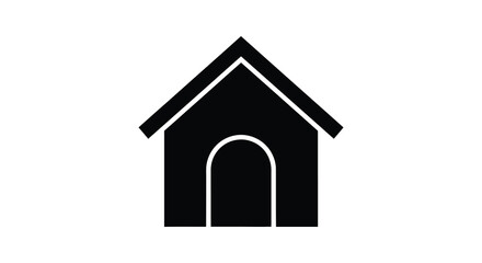 Simple black silhouette of a classic dog house with a peaked roof and arched doorway on a white background