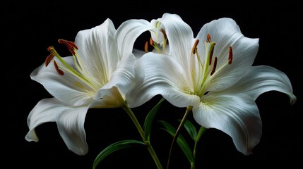 Naklejka premium Elegant white lilies on a dark background, the purity and delicate beauty of the flowers contrasted against the darkness