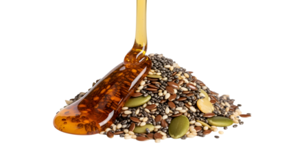 Rich honey cascades over nutritious superseed blend creating a healthy, wholesome ingredient shot