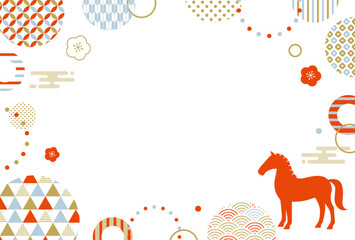 午年 馬のシルエットと和柄フレーム　年賀状