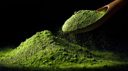 Close-up of a vibrant green matcha powder served with a wooden spoon, perfect for culinary and wellness endeavors