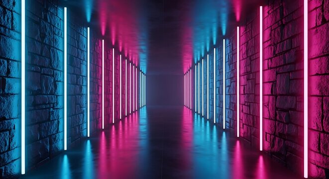 A vibrant tunnel pathway illuminated by striking neon lights in a captivating combination of blue and pink hues, creating a dynamic and futuristic ambiance.