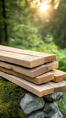 Stacked Lumber on Mossy Stones
