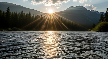 Serene sunset over a river valley, with sunbeams illuminating the water's surface, creating a tranquil and peaceful ambiance.