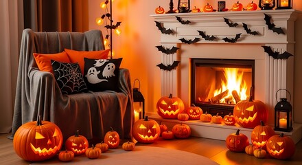 Cozy Halloween Decor with Jack-o-Lanterns, Ghosts, and Bats near Fireplace